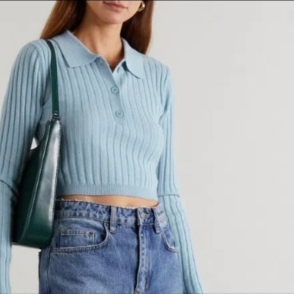 REFORMATION Clancey Cropped Recycled Cashmere Blue Knit Polo Top Small - Picture 2 of 13